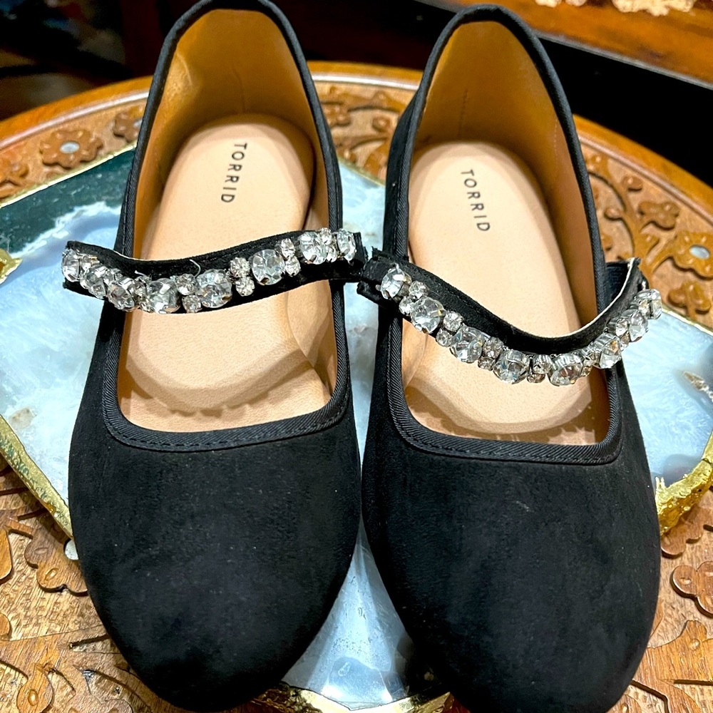 FAUX SUEDE RHINESTONE STRAP BALLERINA FLATS (WIDE WIDTH)